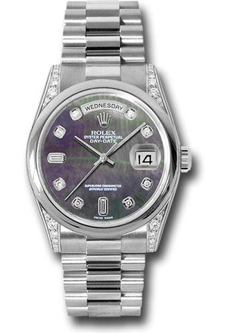 Rolex Platinum Day-Date 36 Watch - Domed Bezel - Dark Mother-Of-Pearl Diamond Dial - President Bracelet - 118296 dkmdp