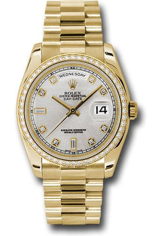 Rolex Yellow Gold Day-Date 36 Watch -  Bezel - Silver Diamond Dial - President Bracelet - 118348 sdp