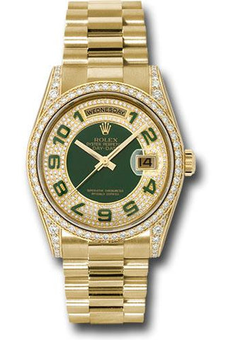 Rolex Yellow Gold Day-Date 36 Watch -  Bezel - Pave Edge Green Dial - President Bracelet - 118388 pgap