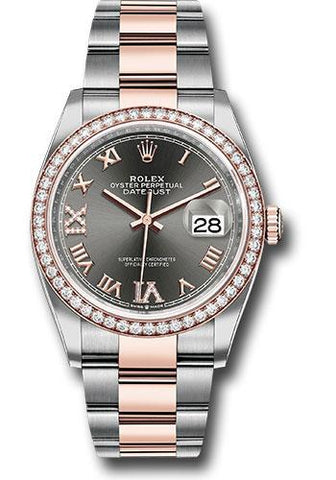 Rolex Steel and Everose Rolesor Datejust 36 Watch - Diamond Bezel - Dark Rhodium Roman Dial - Oyster Bracelet - 126281RBR dkrdr69o