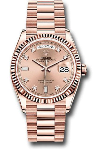 Rolex Everose Gold Day-Date 36 Watch - Fluted Bezel - Rose Diamond Dial - President Bracelet - 128235 rodp
