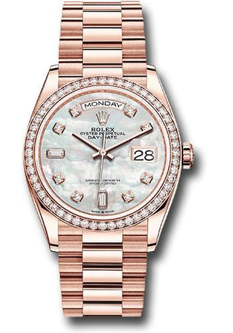 Rolex Everose Gold Day-Date 36 Watch - Diamond Bezel - Mother-of-Pearl Diamond Dial - President Bracelet - 128345RBR mdp