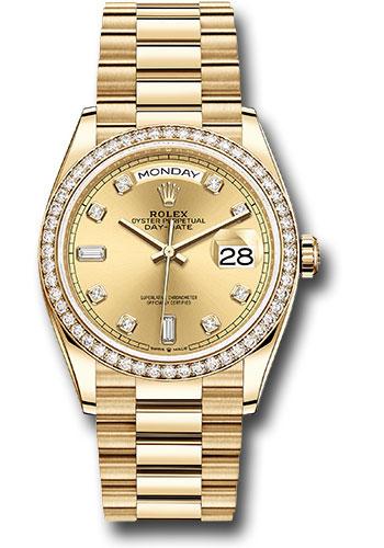 Rolex Yellow Gold Day-Date 36 Watch - Diamond Bezel - Champagne Diamond Dial - President Bracelet - 128348RBR chdp