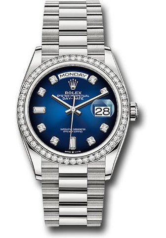 Rolex White Gold Day-Date 36 Watch - Diamond Bezel - Blue Ombre Diamond Dial - President Bracelet - 128349RBR blodp