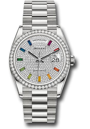 Rolex White Gold Day-Date 36 Watch - Diamond Bezel - Diamond Paved Rainbow Sapphire Dial - President Bracelet - 128349RBR dprsp