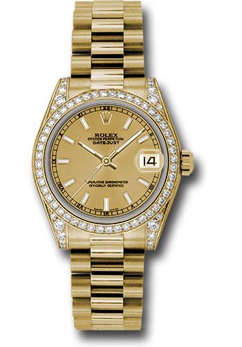 Rolex Yellow Gold Datejust 31 Watch - 48 Diamond Bezel - Champagne Index Dial - President Bracelet - 178158 chip