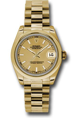 Rolex Yellow Gold Datejust 31 Watch - Domed Bezel - Champagne Concentric Circle Index Dial - President Bracelet - 178248 chip