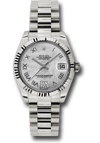 Rolex White Gold Datejust 31 Watch - Fluted Bezel - Mother-Of-Pearl Diamond Roman Vi Roman Dial - President Bracelet - 178279 mdrp