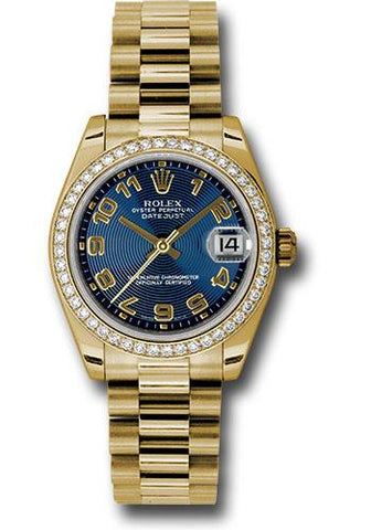 Rolex Yellow Gold Datejust 31 Watch - 48 Diamond Bezel - Blue Concentric Circle Arabic Dial - President Bracelet - 178288 blcap