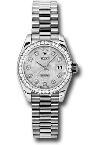 Rolex Platinum Lady-Datejust 26 Watch - 42 Diamond Bezel - Silver Jubilee Diamond Dial - President Bracelet - 179136 sjdp