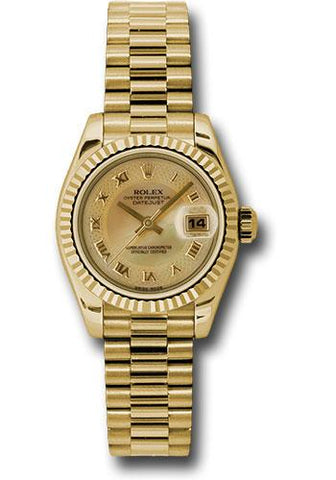 Rolex Yellow Gold Lady-Datejust 26 Watch - Fluted Bezel - Champagne Decorated Mother-Of-Pearl Roman Dial - President Bracelet - 179178 chmdrp