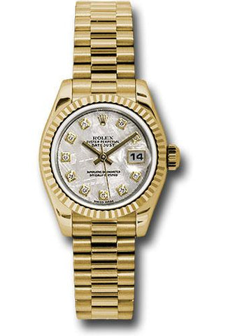 Rolex Yellow Gold Lady-Datejust 26 Watch - Fluted Bezel - Meteorite Diamond Dial - President Bracelet - 179178 mtdp