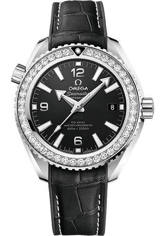 Omega Planet Ocean 600M Co-Axial Master Chronometer Watch - 39.5 mm Steel Case - Unidirectional Diamond Bezel - Black Dial - Black Leather Strap - 215.18.40.20.01.001