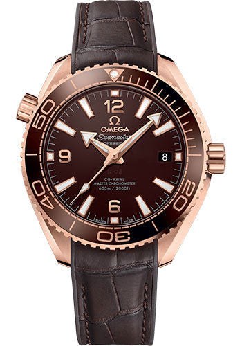 Omega Planet Ocean 600M Co-Axial Master Chronometer Watch - 39.5 mm Sedna Gold Case - Unidirectional Brown Cermaic Bezel - Chocolate Brown Dial - Brown Leather Strap - 215.63.40.20.13.001