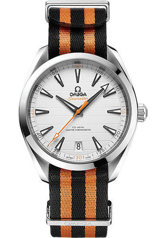 Omega Aqua Terra 150M Co-Axial Master Chronometer Golf Edition Watch - 41 mm Steel Case - Silvery Dial - Black And Orange Striped Nato Strap - 220.12.41.21.02.003