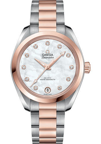 Omega Seamaster Aqua Terra 150M Co-Axial Master Chronometer Watch - 34 mm Steel And Sedna Gold Case - White Mother-Of-Pearl Diamond Dial - 220.20.34.20.55.001