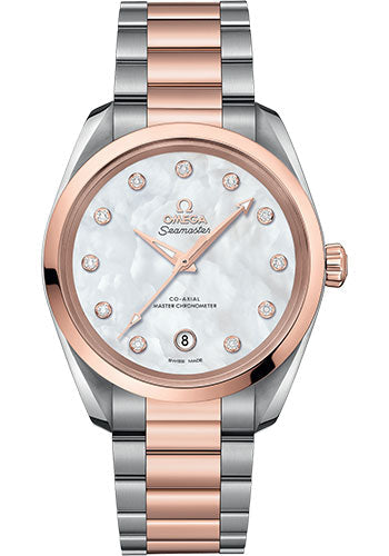 Omega Seamaster Aqua Terra 150M Co-Axial Master Chronometer Ladies Watch - 38 mm Steel And Sedna Gold Case - White Mother-Of-Pearl Diamond Dial - 220.20.38.20.55.001