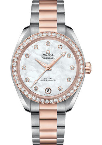 Omega Seamaster Aqua Terra 150M Co-Axial Master Chronometer Watch - 34 mm Steel And Sedna Gold Case - Diamond-Set Bezel - White Mother-Of-Pearl Diamond Dial - 220.25.34.20.55.001