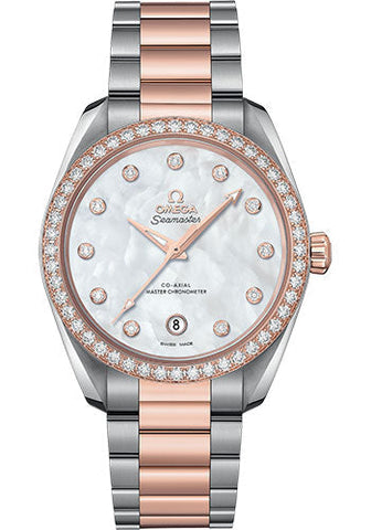 Omega Seamaster Aqua Terra 150M Co-Axial Master Chronometer Ladies Watch - 38 mm Steel And Sedna Gold Case - White Mother-Of-Pearl Diamond Dial - 220.25.38.20.55.001