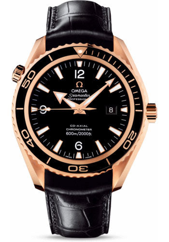 Omega Seamaster Planet Ocean Big Size Watch - 45.5 mm Red Gold Case - Unidirectional Bezel - Black Dial - Black Leather Strap - 222.63.46.20.01.001