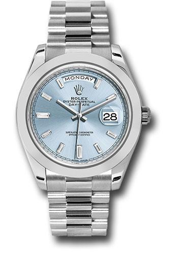 Rolex 950 Platinum Day-Date 40 Watch - Smooth Bezel - Ice Blue Baguette Diamond Dial - President Bracelet - 228206 ibbdp