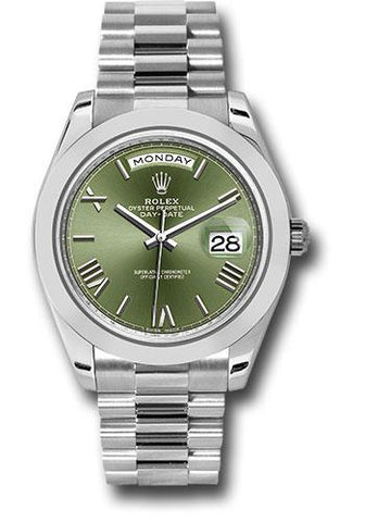 Rolex 950 Platinum Day-Date 40 Watch - Smooth Bezel - Olive Green Bevelled Roman Dial - President Bracelet - 228206 ogrp