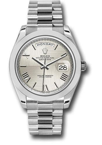 Rolex 950 Platinum Day-Date 40 Watch - Smooth Bezel - Silver Quadrant Motif Bevelled Roman Dial - President Bracelet - 228206 sqmrp