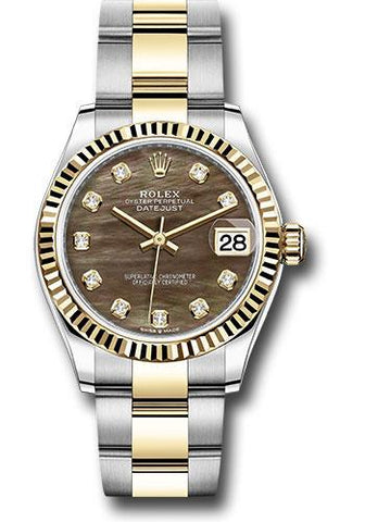Rolex Steel and Yellow Gold Datejust 31 Watch - Fluted Bezel - Dark Mother-of-Pearl Diamond Dial - Oyster Bracelet - 278273 dkmdo