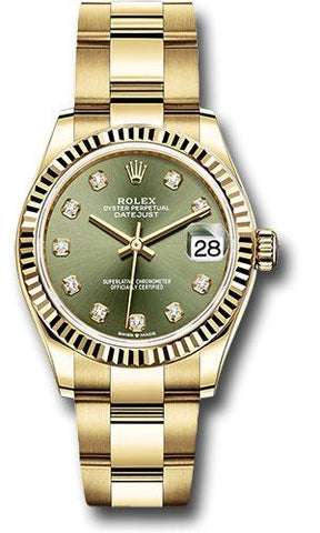 Rolex Yellow Gold Datejust 31 Watch - Fluted Bezel - Olive Green Diamond Dial - Oyster Bracelet - 278278 ogdo