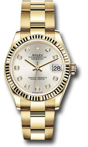 Rolex Yellow Gold Datejust 31 Watch - Fluted Bezel - Silver Diamond Dial - Oyster Bracelet - 278278 sdo