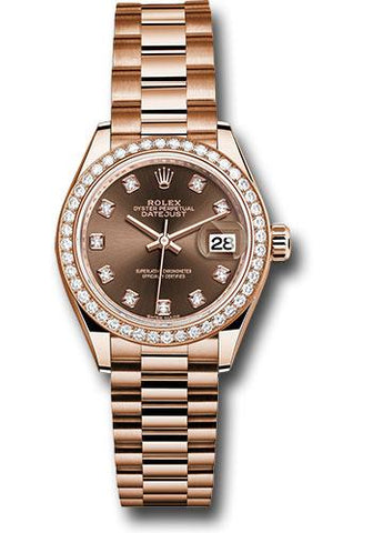 Rolex Everose Gold Lady-Datejust 28 Watch - 44 Diamond Bezel - Chocolate Diamond Dial - President Bracelet - 279135RBR chodp