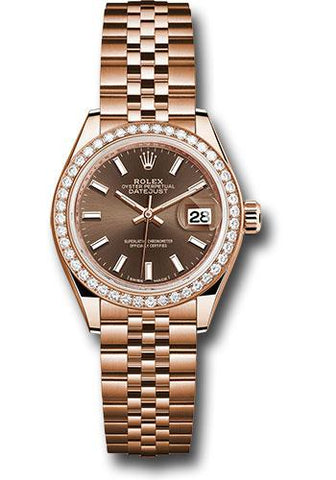 Rolex Everose Gold Lady-Datejust 28 Watch - 44 Diamond Bezel - Chocolate Index Dial - Jubilee Bracelet - 279135RBR choij