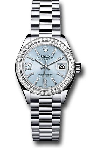 Rolex Platinum Lady-Datejust 28 Watch - 44 Diamond Bezel - Ice Blue Diamond Index Dial - President Bracelet - 279136RBR ib36dix8dp