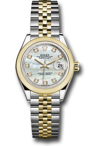 Rolex Steel and Yellow Gold Rolesor Lady-Datejust 28 Watch - Domed Bezel - White Mother-Of-Pearl Diamond Dial - Jubilee Bracelet - 279163 mdj