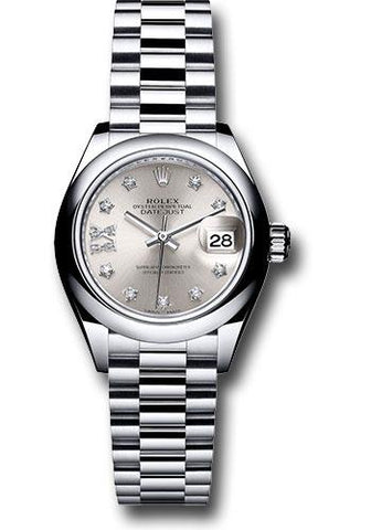Rolex Platinum Lady-Datejust 28 Watch - Domed Bezel - Silver Diamond Star Dial - President Bracelet - 279166 s9dix8dp