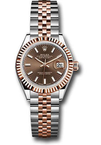 Rolex Steel and Everose Gold Rolesor Lady-Datejust 28 Watch - Fluted Bezel - Chocolate Index Dial - Jubilee Bracelet - 279171 choij