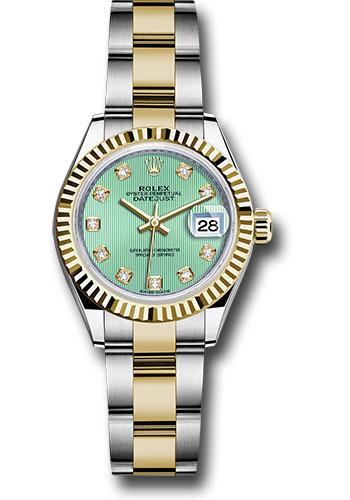 Rolex Steel and Yellow Gold Rolesor Lady-Datejust 28 Watch - Fluted Bezel - Mint Green Diamond Dial - Oyster Bracelet - 279173 mgdo