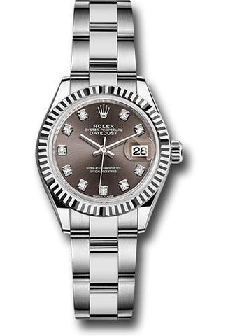 Rolex Steel and White Gold Rolesor Lady-Datejust 28 Watch - Fluted Bezel - Dark Grey Diamond Dial - Oyster Bracelet - 279174 dgdo