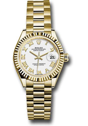 Rolex Yellow Gold Lady-Datejust 28 Watch - Fluted Bezel - White Roman Dial - President Bracelet - 279178 wrp