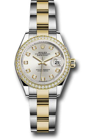 Rolex Steel and Yellow Gold Rolesor Lady-Datejust 28 Watch - Diamond Bezel - Silver Diamond Dial - Oyster Bracelet - 279383RBR sdo