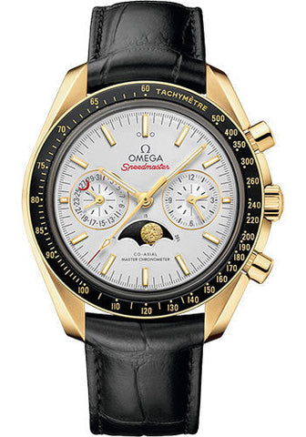 Omega Speedmaster Moonphase Master Chronometer Chronograph Watch - 44.25 mm Yellow Gold Case - Silvery Diamond Dial - Black Leather Strap - 304.63.44.52.02.001