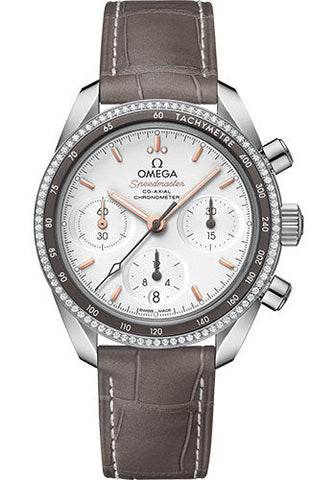 Omega Speedmaster 38 Co-Axial Chronograph Watch - 38 mm Steel Case - Dual Diamond Bezel - Silvery Dial - Taupe-Brown Leather Strap - 324.38.38.50.02.001
