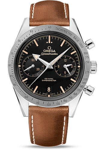 Omega Speedmaster '57 Omega Co-Axial Chronograph Watch - 41.5 mm Steel Case - Brushed Bezel - Black Dial - Brown Leather Strap - 331.12.42.51.01.002
