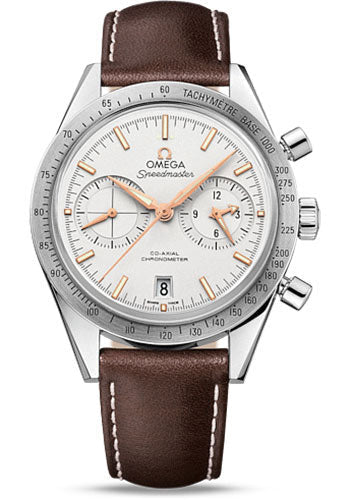 Omega Speedmaster '57 Omega Co-Axial Chronograph Watch - 41.5 mm Steel Case - Brushed Bezel - Silver Dial - Brown Leather Strap - 331.12.42.51.02.002