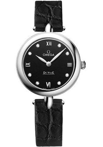 Omega De Ville Prestige Quartz Dewdrop Watch - 27.4 mm Steel Case - Black Dial - Leather Strap - 424.13.27.60.51.001