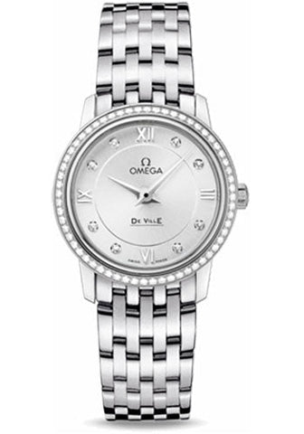 Omega De Ville Prestige Quartz Watch - 27.4 mm Steel Case - Diamond Bezel - Silver Diamond Dial - 424.15.27.60.52.001