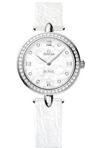 Omega De Ville Prestige Quartz Dewdrop Watch - 27.4 mm Steel Case - Radiant Diamond Paved Bezel - Mother-Of-Pearl Dial - Leather Strap - 424.18.27.60.55.001