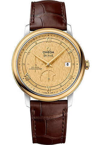 Omega De Ville Prestige Co-Axial Power Reserve Watch - 39.5 mm Steel And Yellow Gold Case - Champagne Dial - Brown Leather Strap - 424.23.40.21.08.001