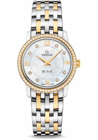 Omega De Ville Prestige Quartz Watch - 27.4 mm Steel And Yellow Gold Case - Diamond Bezel - Mother-Of-Pearl Diamond Dial - 424.25.27.60.55.001