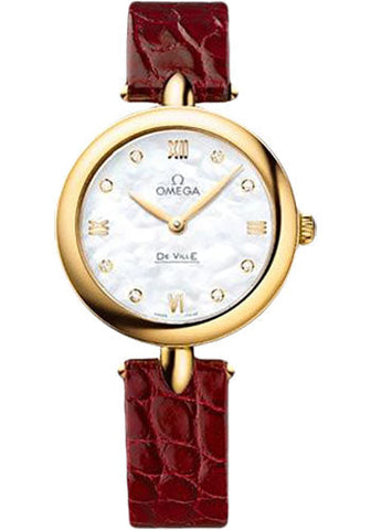 Omega De Ville Prestige Quartz Dewdrop Watch - 27.4 mm Yellow Gold Case - Mother-Of-Pearl Dial - Red Leather Strap - 424.53.27.60.55.001